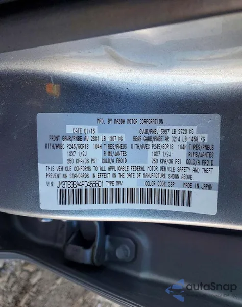 2015 Mazda Cx-9 Sport z USA, uszkodzony, nr VIN JM3TB3BA4F0456601